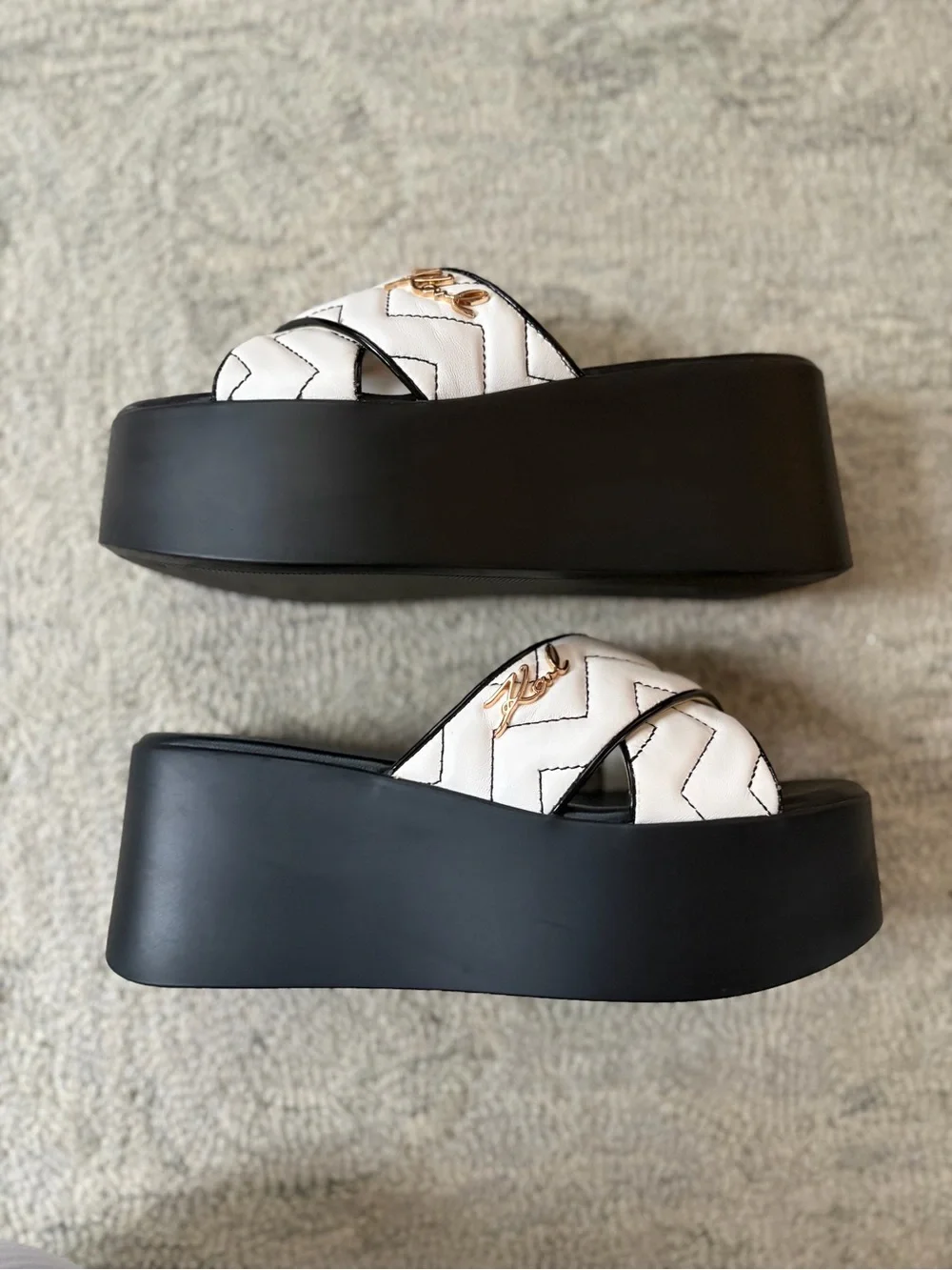 Karl Lagerfeld Paris Platform Wedge Slide Sandals Black White Size 7.5
